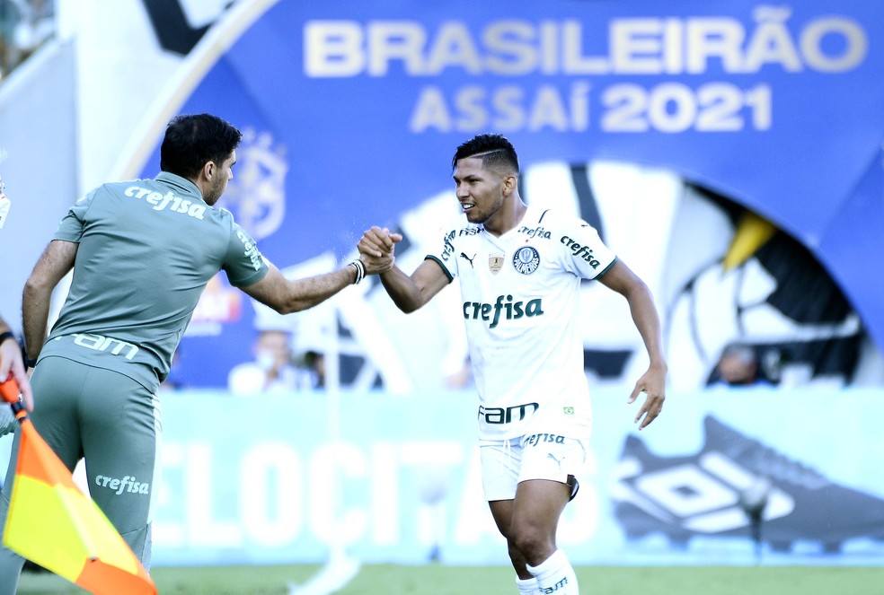 Rony e Abel Ferreira comemoram gol em clássico contra o Santos — Foto: Marcos Ribolli