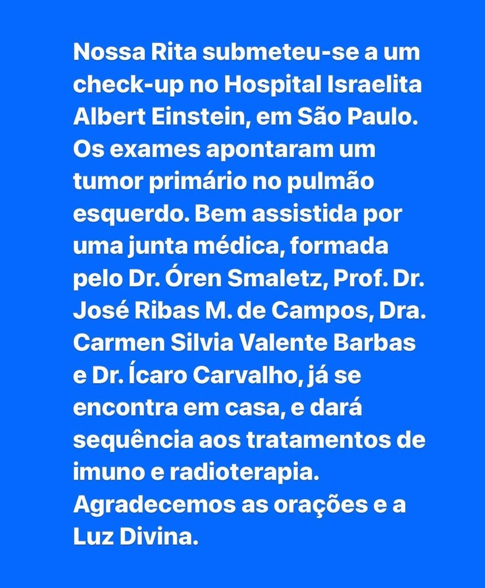 Comunicado sobre o estado de saúde de Rita Lee — Foto: Reprodução/Instagram
