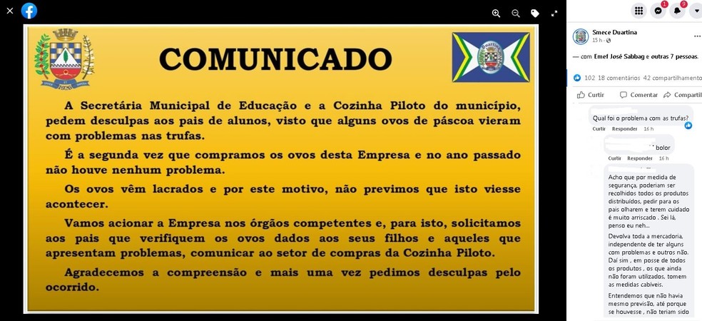 Secretaria de Educação de Duartina publicou comunicado após pais relatarem o problema nos chocolates  — Foto: Facebook/Reprodução