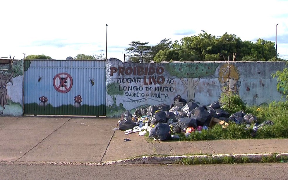 Lixo descartado em calçada em frente a escola em Ceilândia, no Distrito Federal (Foto: TV Globo/Reprodução)