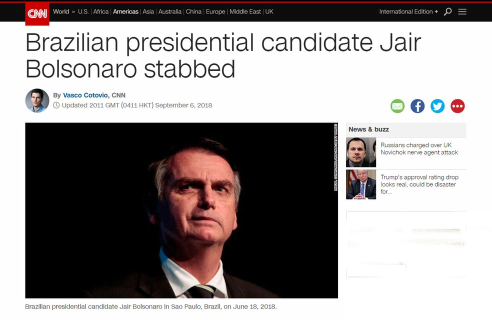 Site da emissora CNN tem matéria sobre agressão a Bolsonaro (Foto: Reprodução/CNN)