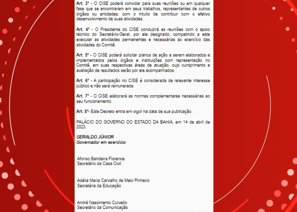 Governo da BA publica decreto que institui comitê de segurança para escolas e espaços educacionais — Foto: Reprodução/DOOL