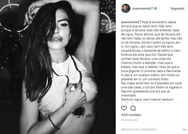 João Vicente parabeniza a ex Cleo Pires (Foto: Reprodução/Instagram)