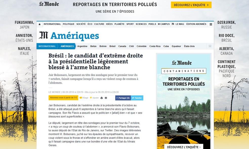 Matéria sobre agressão a Bolsonaro no 'Le Monde' (Foto: Reprodução/Le Monde)