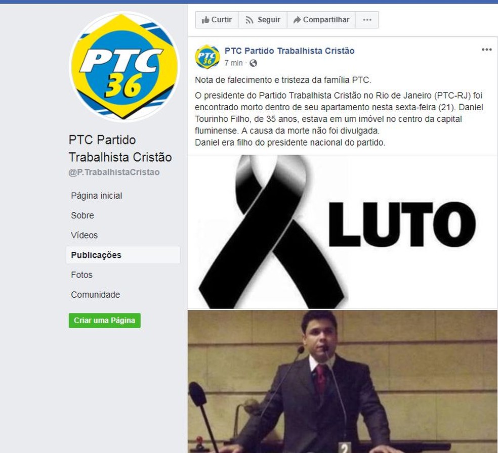 Partido comunicou o falecimento do presidente regional, Daniel Tourinho Filho â Foto: ReproduÃ§Ã£o/Facebook