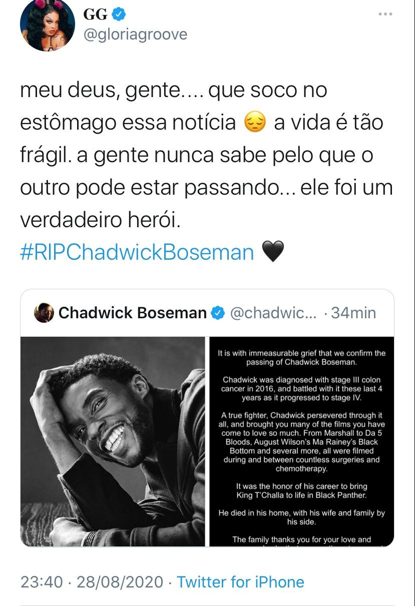 Gloria Groove lamenta morte de Chadwick Boseman (Foto: Reprodução/Twitter)