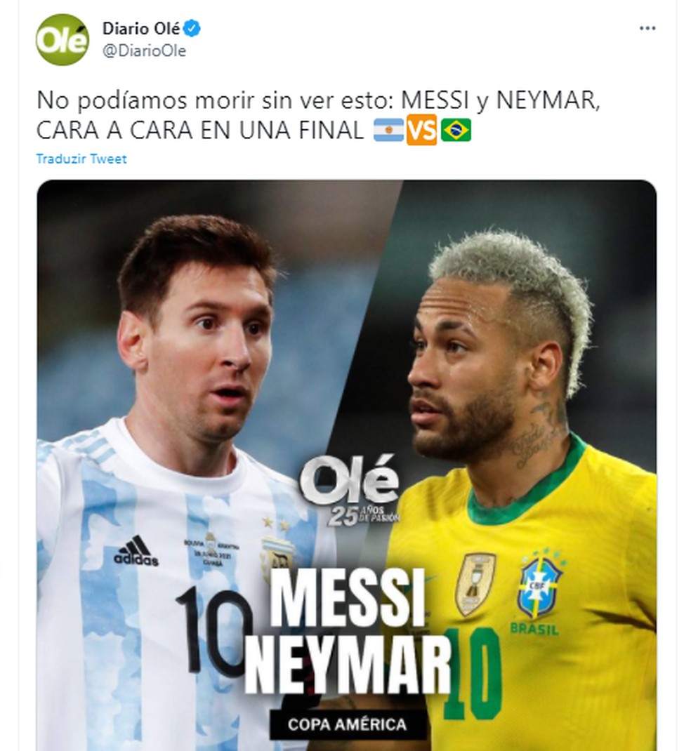 Olé, jornal argentino, exalta duelo entre Messi e Neymar na Copa América — Foto: Reprodução/Olé