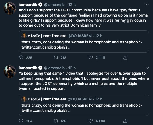 Tuítes da cantora Cardi B se defendendo de acusações de homofobia e transfobia (Foto: Twitter)
