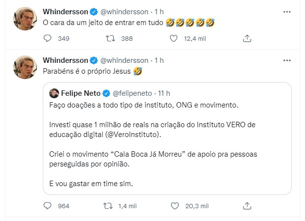 Whindersson Nunes ironiza Felipe Neto (Foto: Reprodução/Twitter)