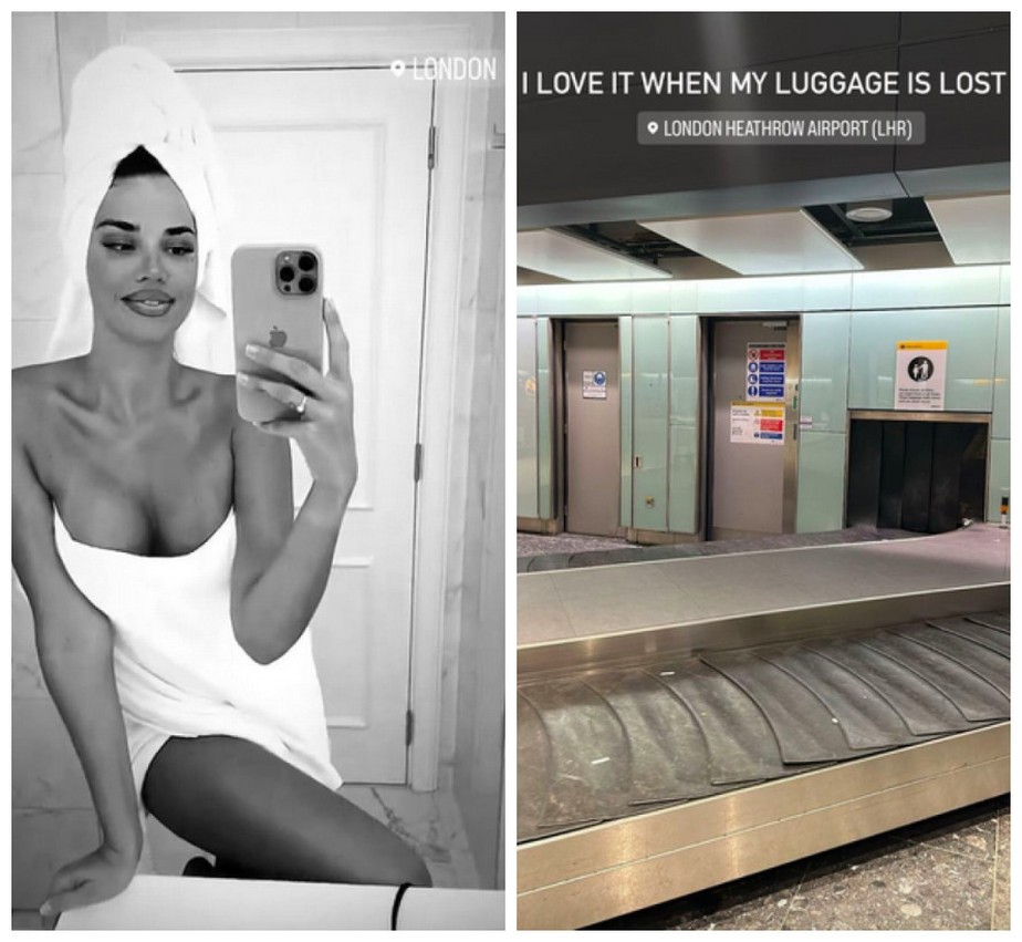 A modelo croata Ivana Knoll de toalha após suas bagagens sumirem no aeroporto de Londres