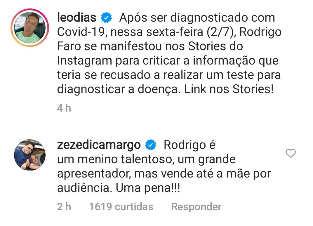 Zezé Di Camargo critica Rodrigo Faro (Foto: Reprodução de Instagram)