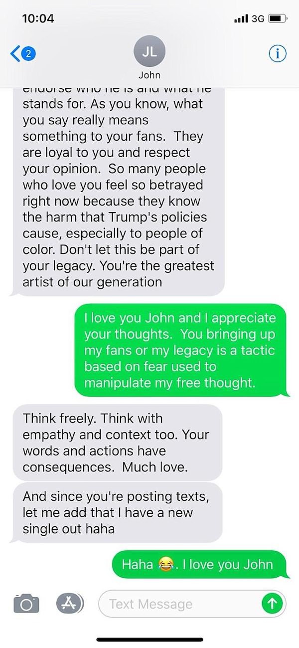 A segunda parte da troca de mensagens entre John Legend e Kanye West sobre Donald Trump (Foto: Twitter)