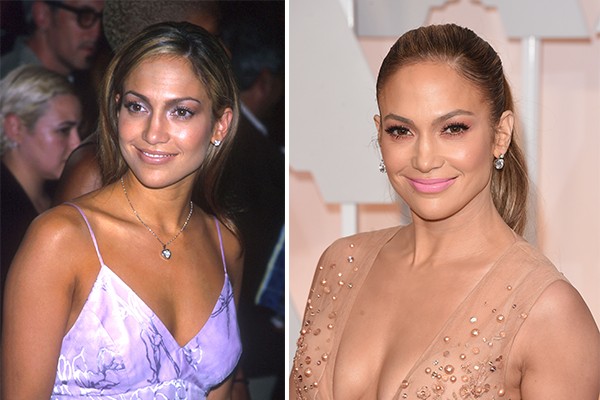 A cantora e atriz Jennifer Lopez em 1999 e em 2015, agora com 45 anos (Foto: Getty Images)