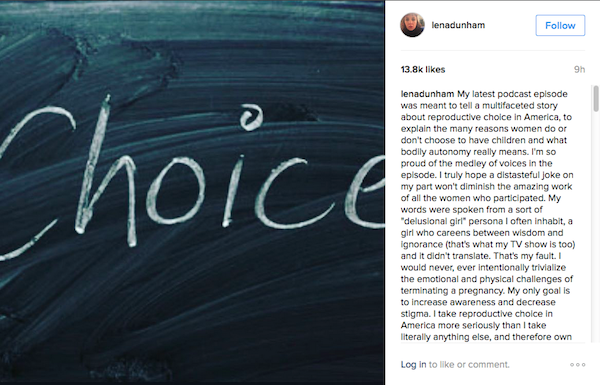 O pedido de desculpas da atriz Lena Dunham (Foto: Instagram)