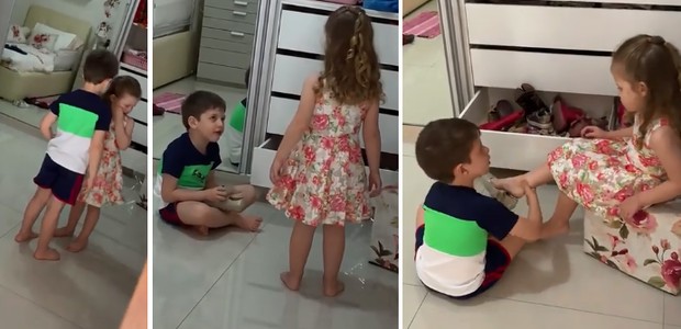 André, 5, convence a irmã, de 3 anos, a vestir seus sapatos (Foto: Reprodução/Instagram)