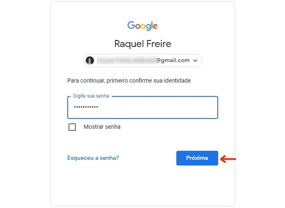 Confirmação de identidade com senha da conta Google — Foto: Reprodução/Raquel Freire