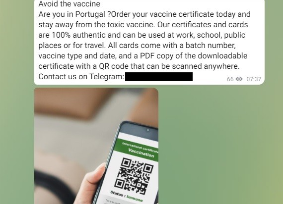 Perfil do Telegram vende certificado falso em Portugal