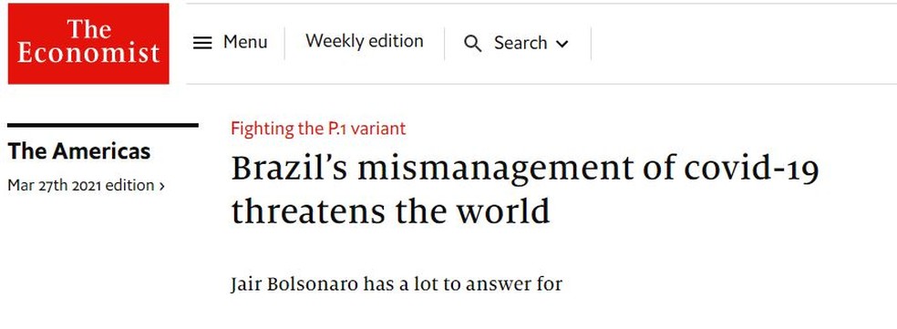 'Luta contra a variante P1: má gestão do Brasil da Covid-19 ameaça o mundo', diz título da reportagem da revista 'The Economist' — Foto: Reprodução/The Economist
