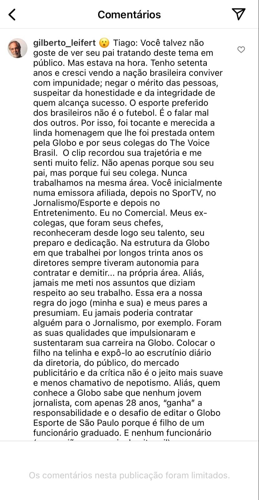 Comentários de Gilberto Leifert, pai de Tiago Leifert (Foto: Reprodução/Instagram)