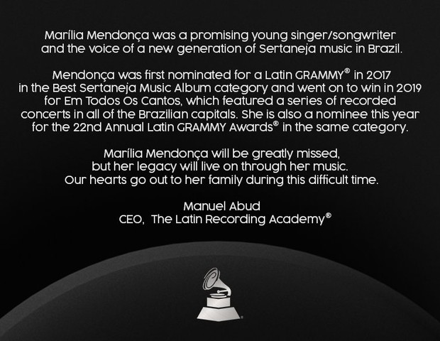 Grammy Latino lamenta morte de Marília Mendonça (Foto: Instagram)
