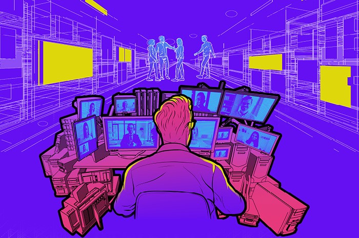 Ilustração de um homem na frente de vários computadores (Foto: Davi Augusto)
