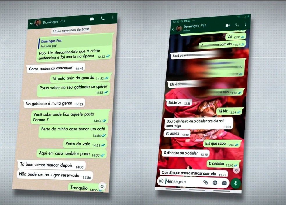 Troca de mensagens do vereador Domingos Paz e as vítimas de assédio sexual. — Foto: Reprodução/TV Mirante