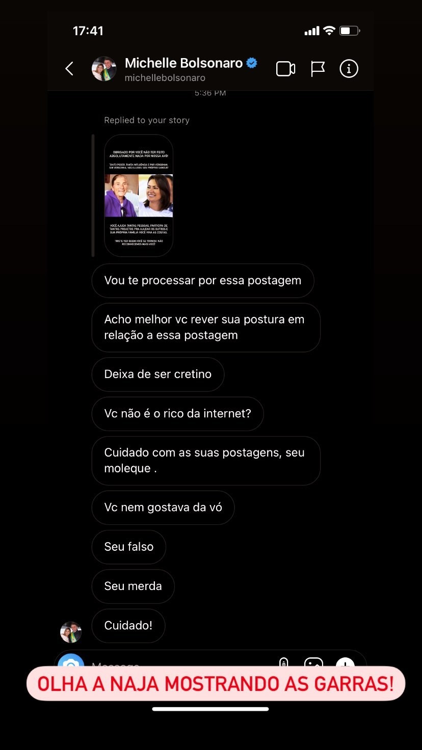 Michelle Bolsonaro manda mensagens ao primo, Eduardo d'Castro (Foto: Reprodução/Instagram)