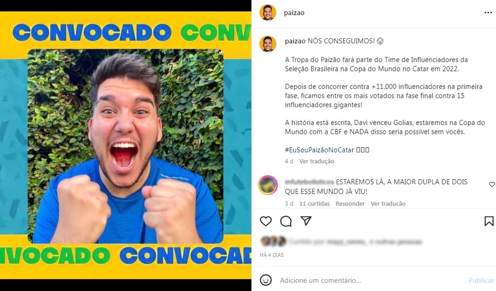 Paizão comemorou nas redes sociais e agradeceu ao público — Foto: Reprodução/Instagram