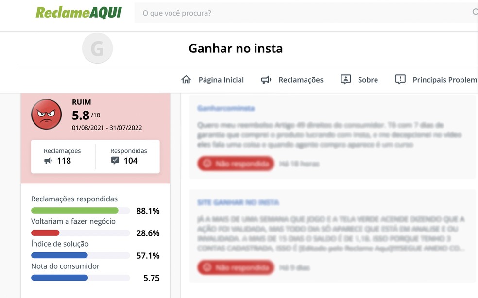 Ganhar no Insta tem pontuação ruim no Reclame Aqui — Foto: Reprodução/Barbara Mannara
