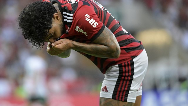 Gabigol comemora gol do Flamengo contra a Portuguesa