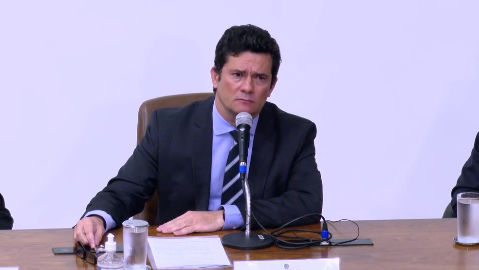 Moro durante a entrevista coletiva em que anunciou a saída do Ministério da Justiça, na sexta-feira (25) — Foto: Reprodução/GloboNews