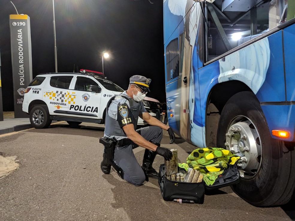 Tabletes de cocaína estavam dentro de uma mala localizada no bagageiro externo de um ônibus — Foto: Polícia Rodoviária