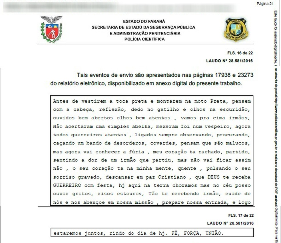 Mensagem enviada em grupo de celular levou ao cumprimento de mandado de busca e apreensÃ£o em investigaÃ§Ãµes de sÃ©rie de mortes em Londrina â€” Foto: ReproduÃ§Ã£o