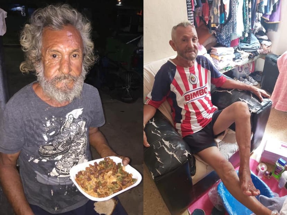 À esquerda, José Adán com a comida de cachorro que lhe deram. À direita, já de cabelo cortado, de banho tomado e de roupas novas — Foto: Wilbertt Martínez/Reprodução/Facebook