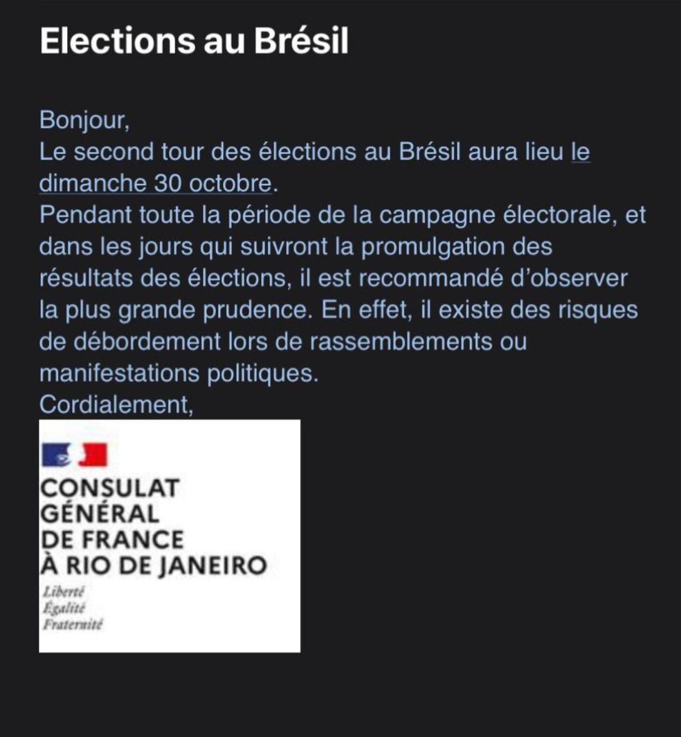 Veja o alerta enviado aos franceses que moram no Brasil â Foto: ReproduÃ§Ã£o