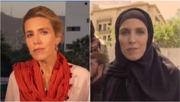 Jornalista da CNN, Clarissa Ward, dando notícias do Afeganistão; à esquerda, com cabelo e rosto descobertos; à direita, de véu (Foto: CNN/REPRODUÇÃO via BBC)