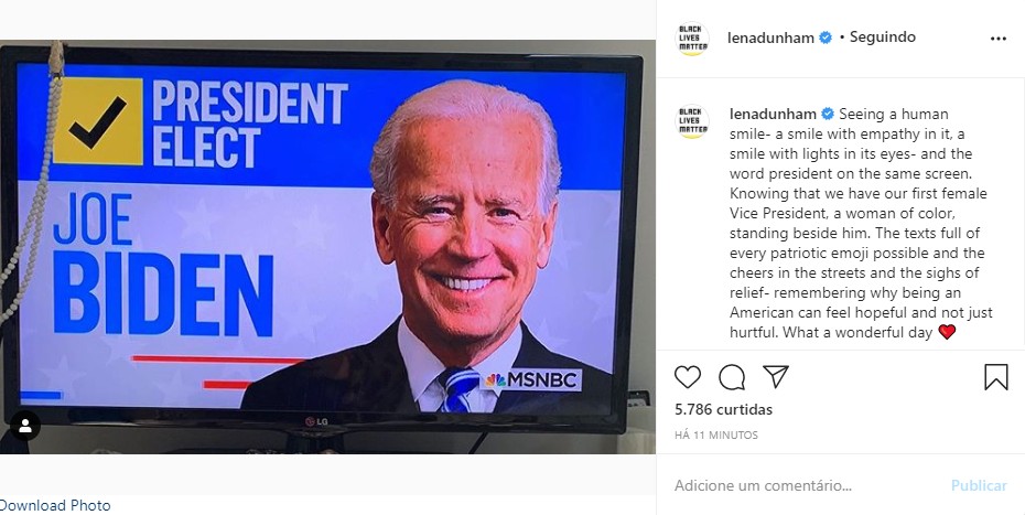 Lena Dunham festeja eleição de Joe Biden e Kamala Harris (Foto: Reprodução Twitter e Reprodução Instagram)