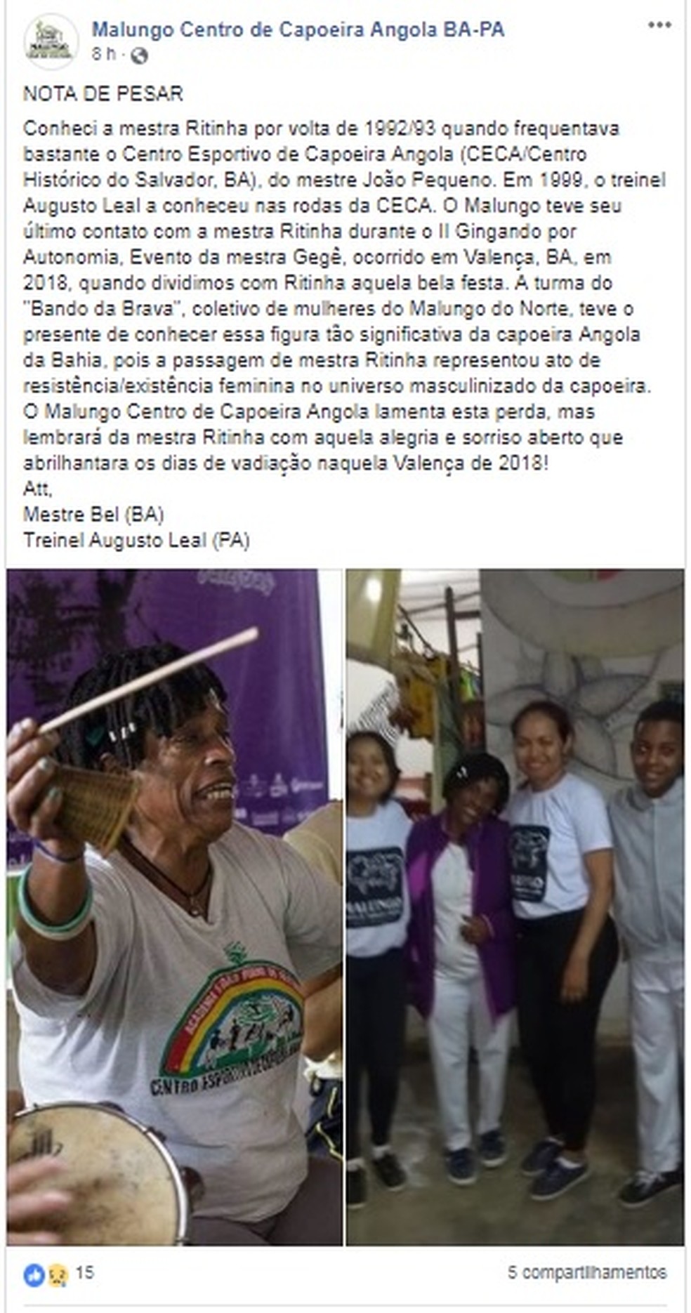 Grupo Malungo divulgou nota de pesar — Foto: Reprodução/Redes Sociais