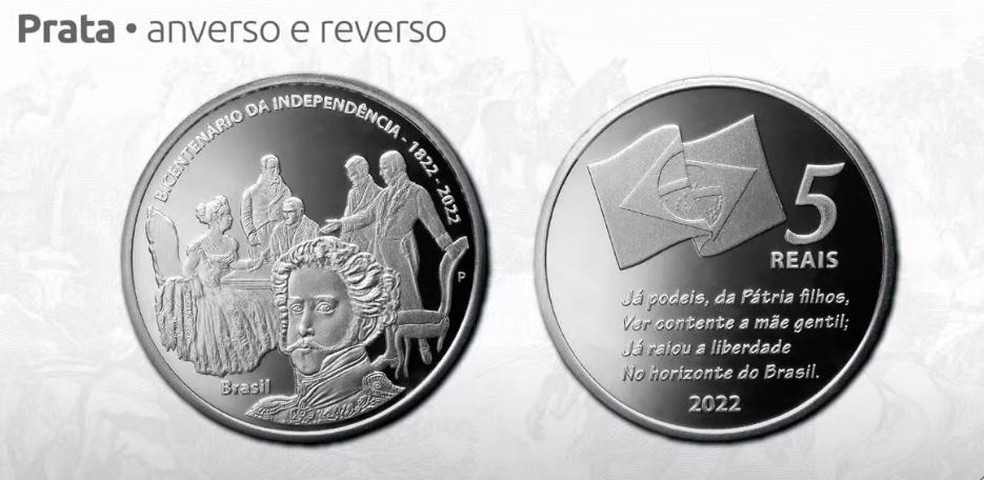 Moeda em prata, comemorativa dos 200 anos da Independência do Brasil — Foto: Banco Central/Reprodução