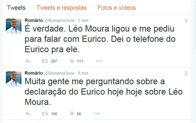 Twitter Romário confirma ter dado telefone de Eurico Miranda para Léo Moura (Foto: Reprodução)