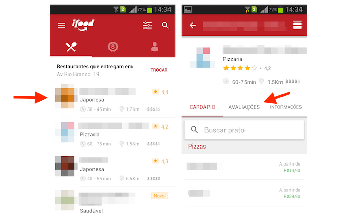 Acessando as avaliações de usuários do iFood para restaurantes através do aplicativo para Android (Foto: Reprodução/Marvin Costa)