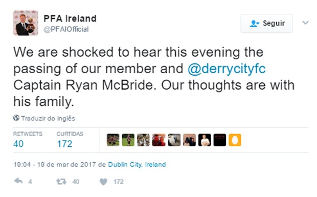 Federação Irlandesa de Futebol lamentou morte do jogador Ryan McBride (Foto: Reprodução)