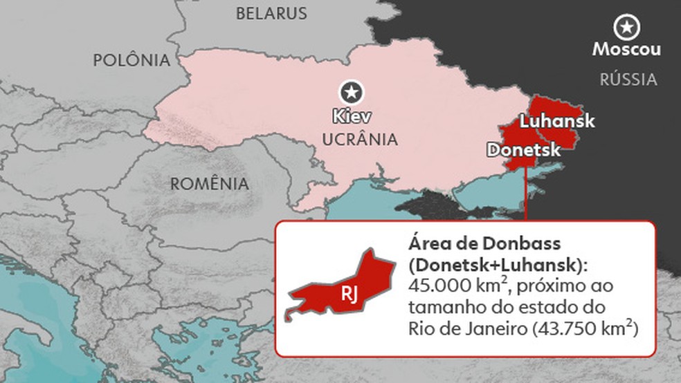 Áreas de Donetsk e Luhansk, reconhecidas como independentes pela Rússia — Foto: Arte/g1