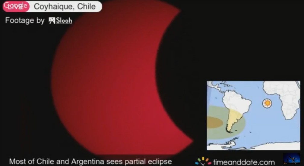 Imagem de transmissão ao vivo do eclipse visto a partir do Chile neste domingo (26) (Foto: Reprodução/YouTube)