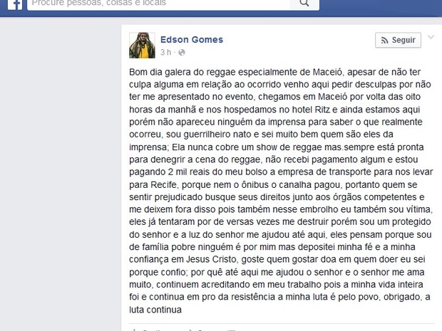 Edson Gomes lamentou o ocorrido e disse que foi vítima de calote (Foto: Reprodução/ Facebook)