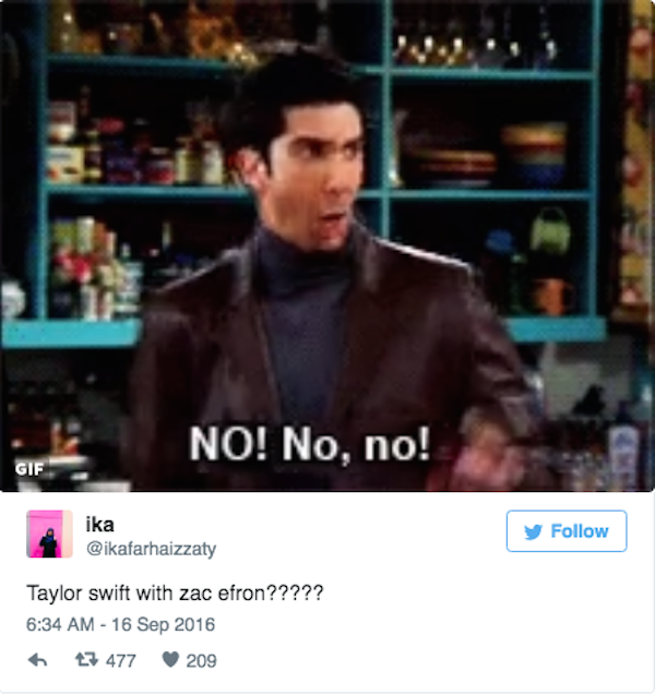 Fãs reagem ao boato sobre o namoro de Taylor Swift e Zac Efron (Foto: Twitter)