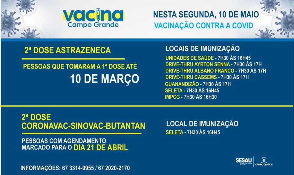 Cronograma de vacinação em Campo Grande nesta segunda-feira (10) — Foto: Sesau/Divulgação