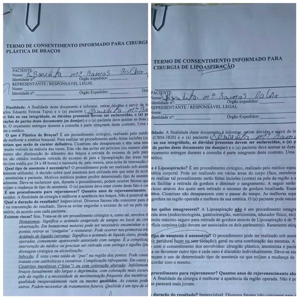 Termos de consentimento assinados pela vítima — Foto: Arquivo Pessoal /Brysa Mesquita