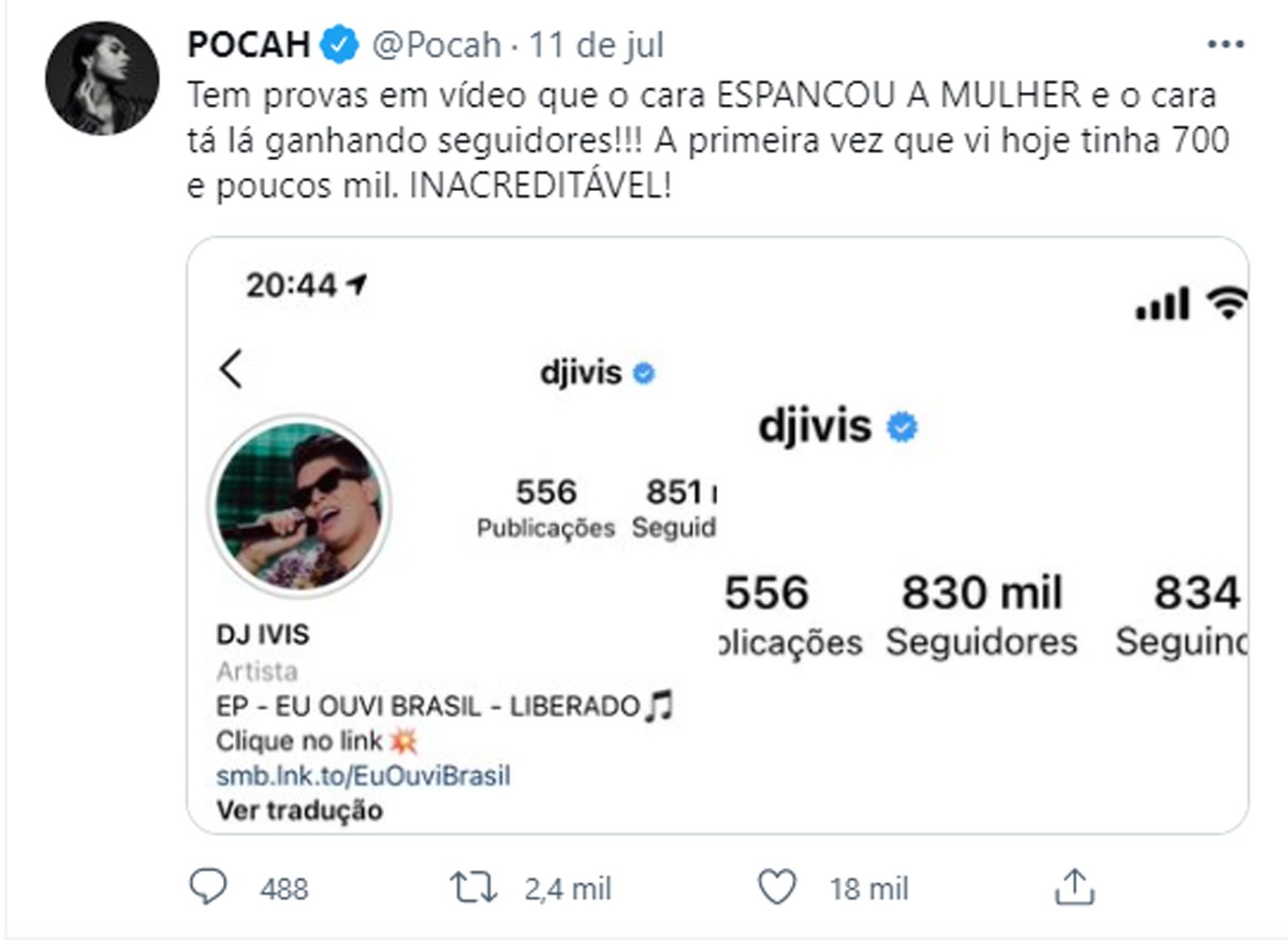 Pocah se revolta com DJ Ivis ganhando seguidores após agredir a ex (Foto: Reprodução/Twitter)