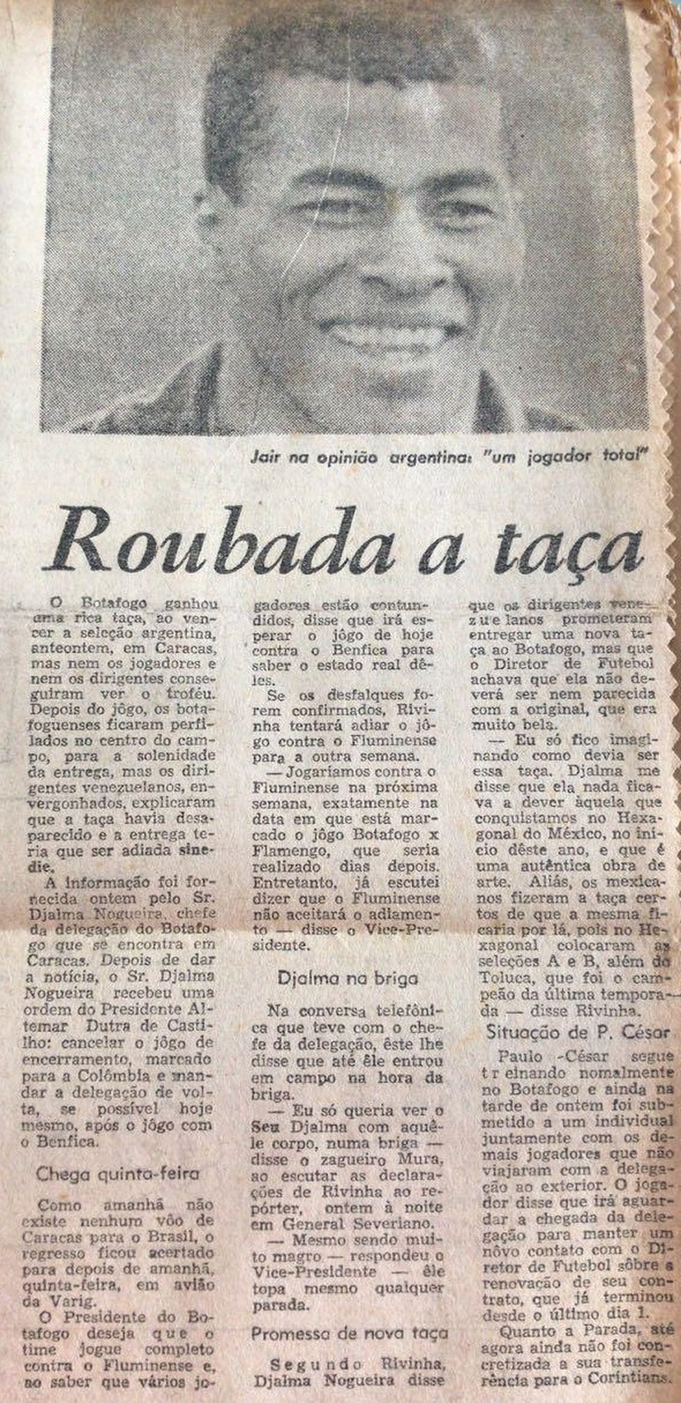 Jornal relata roubo do troféu da Pequena Taça do Mundo de 1968 — Foto: Reprodução
